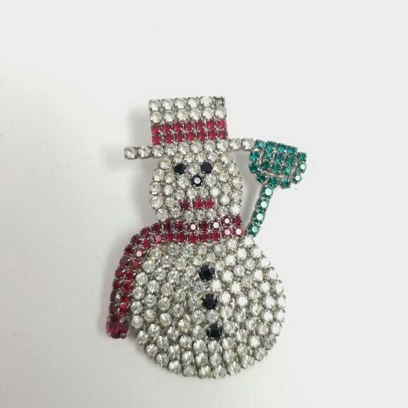 Vintage Rhinestone Snowman with Top Hat Red Green Frosty Winter Christmas Estate - Picture 5 of 5